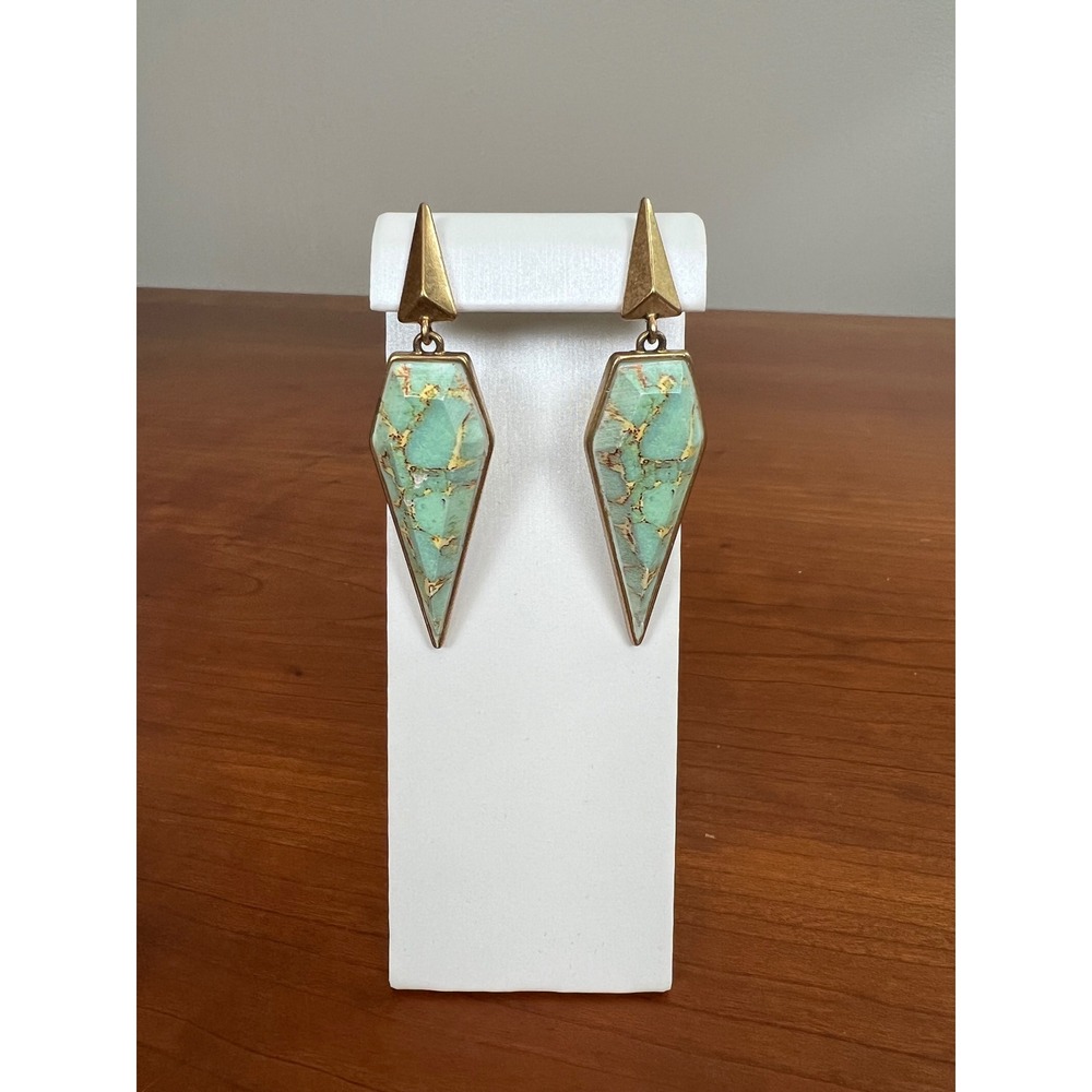 Stella & Dot Green Faux Turquoise Geometric Drop Earrings Gold Tone Brass Boho